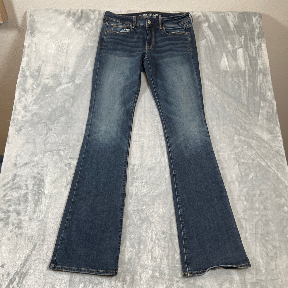 American Eagle Kick Boot Jeans Womens 8 X-Long Medium Wash Distressed Denim